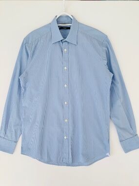 Z Zegna Men's Long Sleeve Blue White Strip Dress Shirt Size 39-15 ½